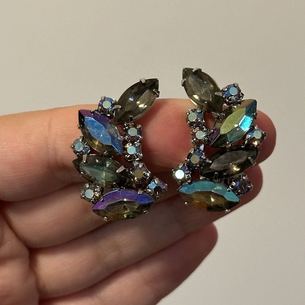 Vintage Blue Aurora Borealis AB Rhinestone Clip Earrings 1950s 1960s Climber
